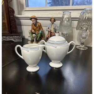 Wedgwood Venice Sugar Bowl & Creamer Set Blue and White Bone China England